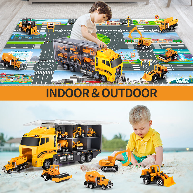Big Container Transporter Playset with Play Mat & 6PCS Mini Engineering Vehicle Car Model Toys For Kids