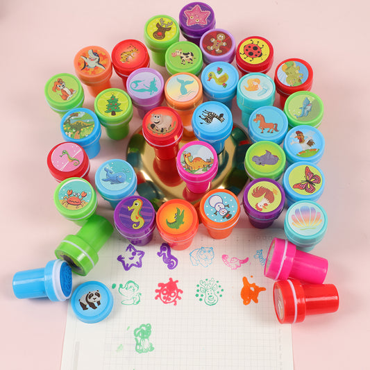 30Pcs Cute Mixed Animal Dinosaur Self-Ink Stamps Toy