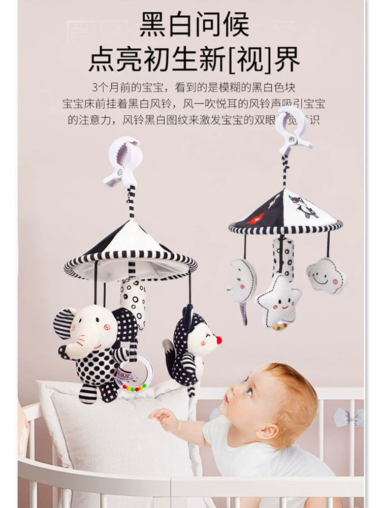 Black and White Suspension Umbrella Newborn Baby Bed Bell Visual Stroller Pendant Wind Chimes 0-1 Years Old Early Education Toys Soothing