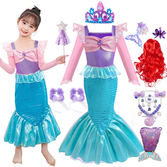 Long Sleeves Mermaid Dress For Girls Luxury Pink Ariel Clothes Princess Costume