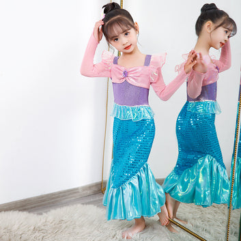Long Sleeves Mermaid Dress For Girls Luxury Pink Ariel Clothes Princess Costume